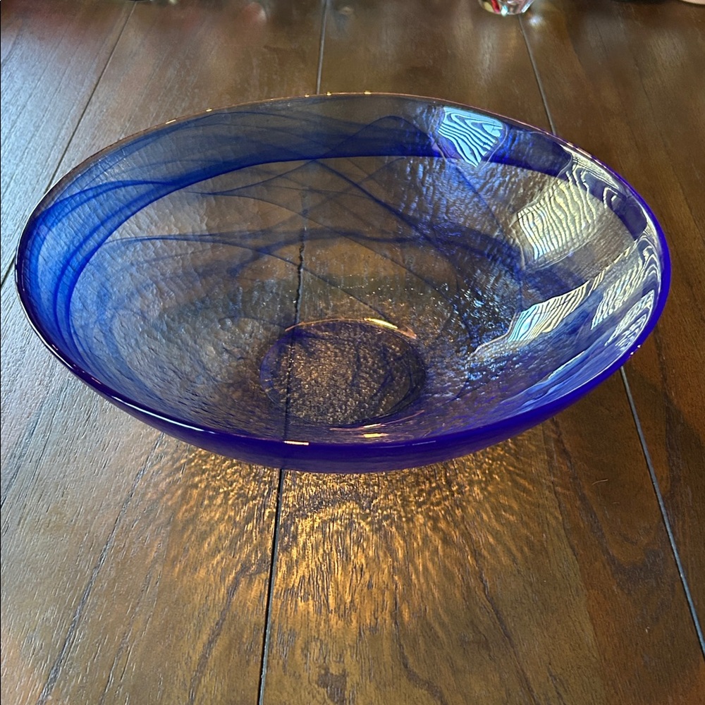 Vintage Cobalt Swirl Art Glass Large 13.25 Inch Bowl